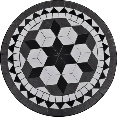 A round mosaic table top with a geometric pattern of black and white tiles.