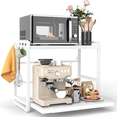 Immagine prodotto di Ripiano per microonde, a 2 livelli, estraibile, con cassetto e ganci, Acciaio al carbonio, per la cucina