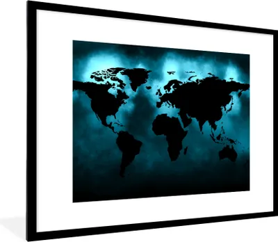 Produktbild von MuchoWow® Gerahmtes Poster Weltkarte - Schwarz - Blau 80x60 cm - Poster mit Schwarzem Bilderrahmen Wandposter Rahmen Foto Bilder - Schlafzimmer-Dekorationen - Fotoposter