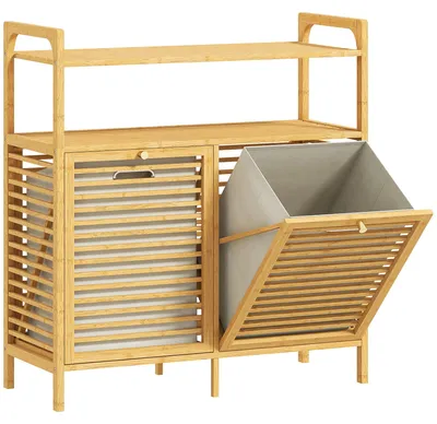 Zdjęcie produktu dla Szafka na bieliznę z bambusa z 2 koszami na pranie | Kolor: naturalny + kremowy | Wymiary: 82x33x88 cm