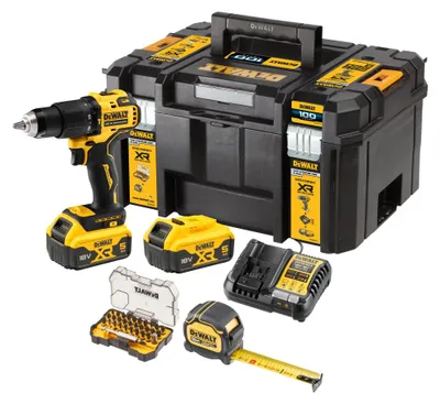 Produktbild von DEWALT 18 V / 5Ah Akku-Schlagbohrschrauber, inkl. 2 Akkus, System-Schnellladegerät, Bandmaß, Speed Square-Anschlagwinkel und Bit-Set