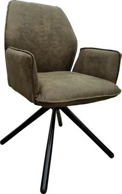 A brown upholstered chair with a black metal base on a white background.