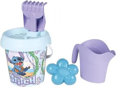 Produktbild von Stitch Strandeimer SMOBY, 17 cm Durchmesser, mit Gießkanne, Sieb, Rechen, Schaufel, Sandform, Recyceltes Plastik, 18+ Monate