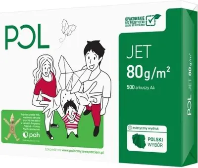 A box of POL International paper with illustrations of a family and origami.