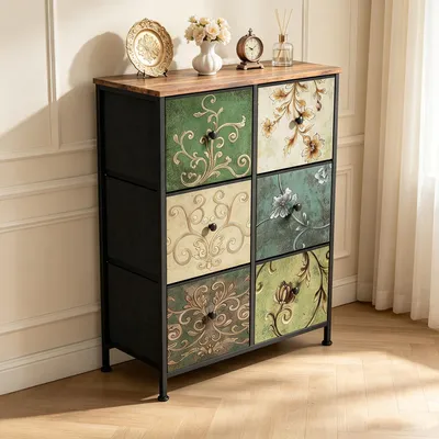Obrázok produktu pre Komoda INONEFT s 6 zásuvkami, rozmer 67,5 x 30 x 86,5 cm. Komoda do spálne, toaletný stolík s drevenou doskou a zásuvkami potiahnutými látkou, kovová konštrukcia