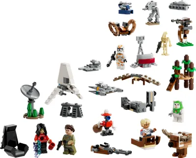 Produktbild von LEGO 75366 Star Wars Adventskalender 2023, Weihnachtskalender mit 24 Geschenken, darunter 9 Figuren, 10 Fahrzeug-Spielzeuge und 5 Mini-Modelle, Advents-Geschenk zu Weihnachten für Kinder und Fans