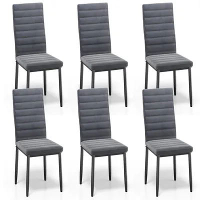 A set of six dark gray dining chairs arranged in three rows of two against a white background.