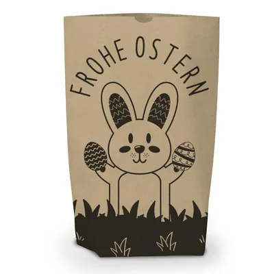 A brown paper gift bag with a black illustration of a bunny holding Easter eggs and grass at the bottom. Text above the bunny says "Frohe Ostern".