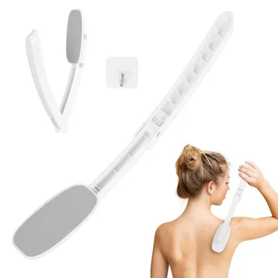 Produktbild von Rückencreme-Applikator, Duschgel-Applikator, Rückenbürste mit Applikatorpads, Rückenbürste mit langem Griff, Rückenschrubber (hellgrau)