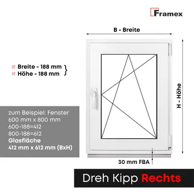 A diagram illustrating the dimensions and features of a white window frame, with text providing example calculations and specifications.
