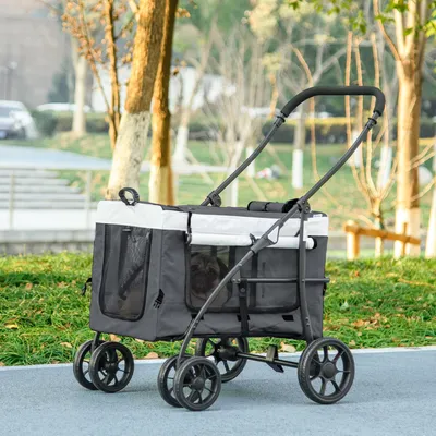 Produktbild von Hundebuggy klappbar mit abnehmbarem Korb, Katzenwagen Hundewagen Oxford-Stahl, Grau | 81x58x97,5 cm | 7,2 kg | EVA-Räder & Hinterbremsen