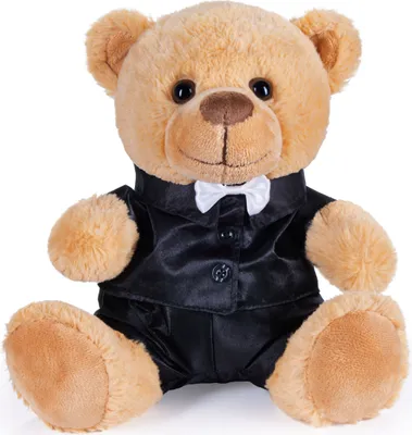 A teddy bear dressed in a suit and bow tie, sitting against a white background.