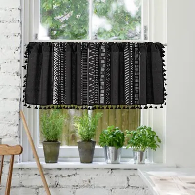 Produktbild von Boho Gardinen Küche 150*60cm,Quaste Vorhänge Küche Rutentasche für Wohnzimmer Landhaus 1 Stück Schwarz