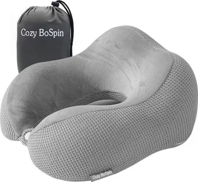 Imagen del producto de Almohada de viaje Unyqoos® para el cuello: espuma viscoelástica de memoria, soporte ergonómico para el cuello, portátil y comprimible, funda de terciopelo lavable, color gris