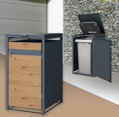 Produktbild von ML-Design Mülltonnenbox 1er für 1 Tonne 240L 68x80x116,3cm Anthrazit-Eichenoptik, Stahl, wetterfest/abschließbar