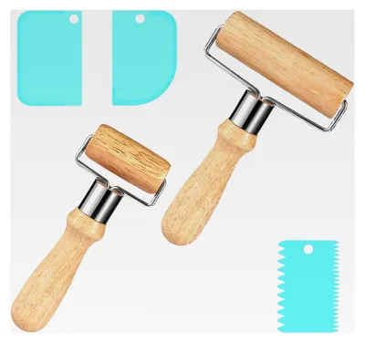 Produktbild von 2 Stück Teigroller aus Holz in kleinen und mittleren Größen mit 3 Teigschabern T-förmigen Rollstab mit Griff für Pizza, Kuchen und Mürbeteig