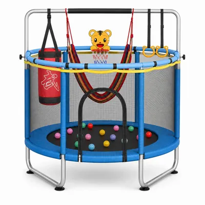 Produktbild von KEHOT Trampolin 140 cm mit Sicherheitsnetz, höhenverstellbarer Reckstange & Zubehör, Indoor, Blau, bis 100 kg