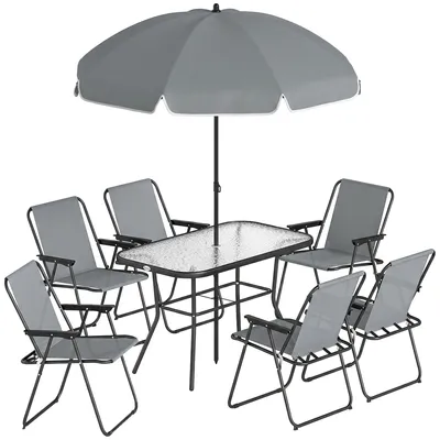 Image de Ensemble de mobilier de jardin comprenant 6 chaises pliantes, une table et un parasol | Couleur : Gris | Dimensions : 119 x 68 x 70 cm