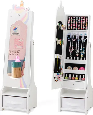 Produktbild von DREAMADE Kinder-Schmuckschrank mit Spiegel, freistehender Ganzkörperspiegel mit 2 Neigungswinkeln & großer Kapazität, Schmuck-Organizer aus Holz, Weiß