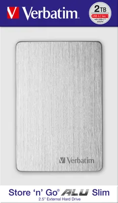 The image shows the packaging of a Verbatim external hard drive.