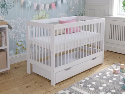 Produktbild von Weiß Babybett,Gitterbet mit Shublade 120x60cm, Umwandelbar in EIN Schlafsofa mit Sicherheitsbarriere, Traditionell