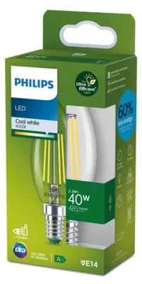 Produktbild von Philips Filament-Kerzenlampe, B35 E14, klar, 40 W, 2,3 W, 40 W, E14, 485 lm, 50000 h