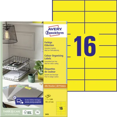 Produktbild von Avery Zweckform 3455 Farbige Etiketten, A4, 105 x 37 mm, 100 Bogen/1.600 Etiketten, gelb