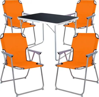 A camping set with a table and four chairs, presented on a white background.