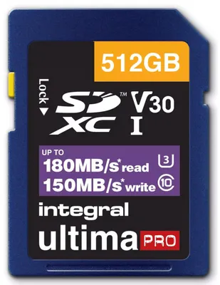 Produktbild von Integral INSDX512G-180/150V30, 512 GB, SD, UHS-I, 180 MB/s, 150 MB/s, Class 3 (U3)