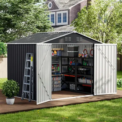 Immagine prodotto di Capanno da giardino in metallo, volume di 7 m³, tetto a falda, dimensioni 250x184x193 cm, colore grigio scuro, acciaio zincato, porta con serratura