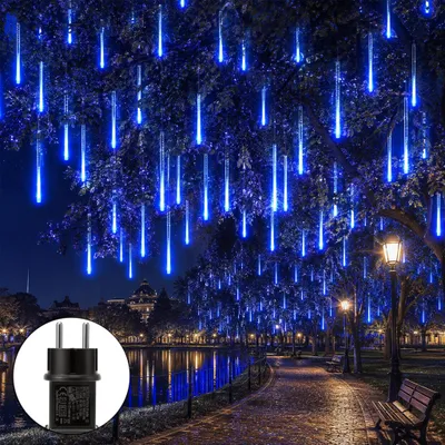 Produktbild von 192 LED Meteorschauer Regen Lichter Eiszapfen Lichterkette Weihnachtsbeleuchtung Garten Weihnachten Halloween Deko, Blau, 8 Röhren 30cm