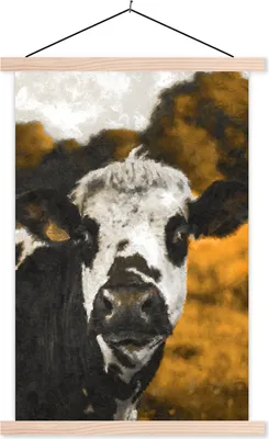 Produktbild von MuchoWow® Textilposter Kuh - Querformat - Schwarz 60x90 cm mit holzfarbenen Rahmen - Textil