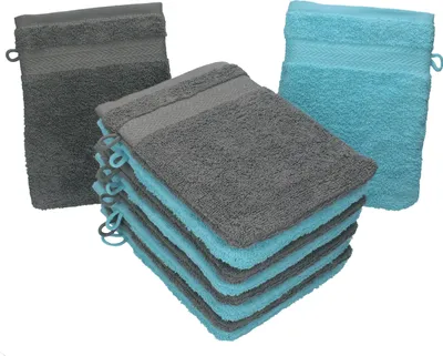 Produktbild von Betz 10 Stück Waschhandschuhe 16x21 cm PREMIUM 100% Baumwolle  Farbe: anthrazit und türkis