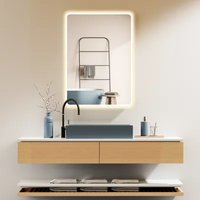 Produktbild von HOKO Badspiegel 70x100cm mit Rahmen+Touch Schalter+Licht Wechsel Warmweiß-Kaltweiß-Neutral Licht mit Touch Schalter und mit Wandschalter einschaltbar