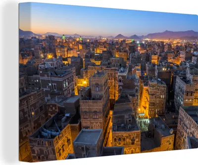 Produktbild von MuchoWow® - Leinwandbilder - Nächtliche Skyline beleuchteter Straßen von Sanaa im Jemen, Wandbild, Wanddeko Bilder Wohnzimmer, 30x20cm