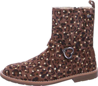 A single brown boot with a leopard print and gold stars pattern, featuring a buckle with a heart charm.