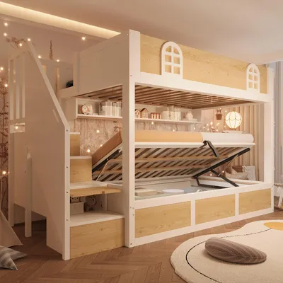 Produktbild von MODFU Kinderbett Etagenbett 90x200 cm mit Treppenschrank und Stauraum,Doppelbett mit Sicherheitsgeländer und Lattenrost,Stockbett mit offenen Ablagefächern,Mit zwei Matratze,Natur + Weiß