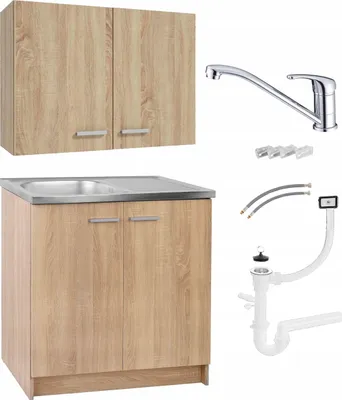 A kitchen cabinet set with a sink and faucet, along with plumbing accessories, displayed against a white background.