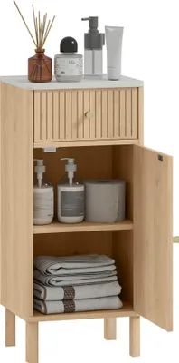 Image de HOMCOM Meuble de salle de bain, meuble de rangement avec plateau effet marbre et porte rainurée, tiroir et étagère réglable, armoire salle de bain, salon, chambre, 36 x 30 x 80 cm, chêne