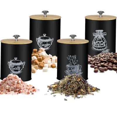 Produktbild von Vorratsdosen Set Kaffeedose Teedose Zuckerdose Salzbehälter mit Deckel Groß Rund Luftdicht Stahl Schwarz 24578