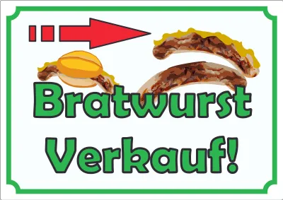 Produktbild von Bratwurst Werbeaufkleber Aufkleber mit Pfeil nach rechts A9 (37x52mm)