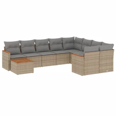 Produktbild von Modulares Garten-Sofaset, 10-tlg. Loungemöbel mit Stauraum, Poly Rattan & Akazienholz, UV-beständig, Beige/Hellgrau