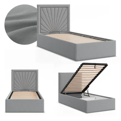 Produktbild von Polsterbett VASTO 90x200 mit Bettkasten und hochklappbarem Metall-Lattenrost, Einzelbett mit Kopfteil Grau Geflecht