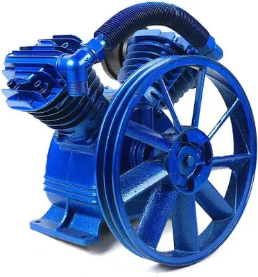 A blue air compressor pump head with a large pulley wheel is shown against a white background.