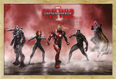 Produktbild von Captain America - Poster - Civil War - Team Iron Man + Wechselrahmen, Shinsuke® Maxi MDF Buche, Acryl-Scheibe