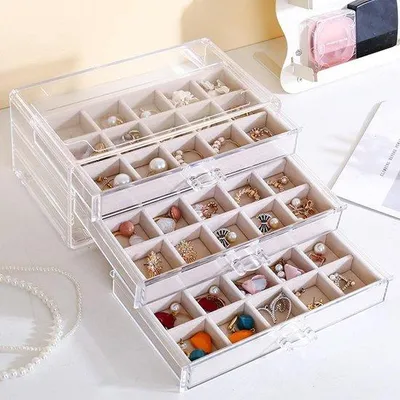 Immagine prodotto di Scatola portagioie in acrilico Unyqoos® con 3 cassetti, scomparti regolabili e rivestimenti in velluto – contenitore trasparente per gioielli, ideale per anelli e orecchini, dimensioni 24x13,5x11 cm