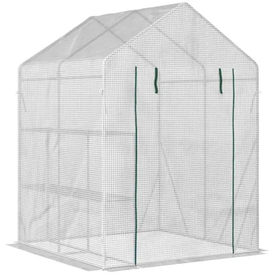 Produktbild von Foliengewächshaus Begehbares Gewächshaus Mit 4 Regalebenen Tomatengewächshaus Treibhaus Frühbeet Weiß Stahl Pe-Kunststoff 143X143X195Cm