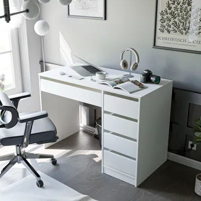 Produktbild von Idohome - Schreibtisch mit Schubladen BELLA 110x77x55 cm Bürotisch, Farbe: Weiß Matt