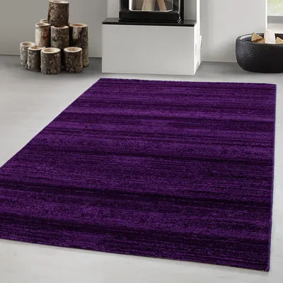A purple rug with horizontal stripes is shown in a room with a fireplace and logs.