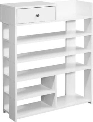 A white shoe rack with a drawer on top.